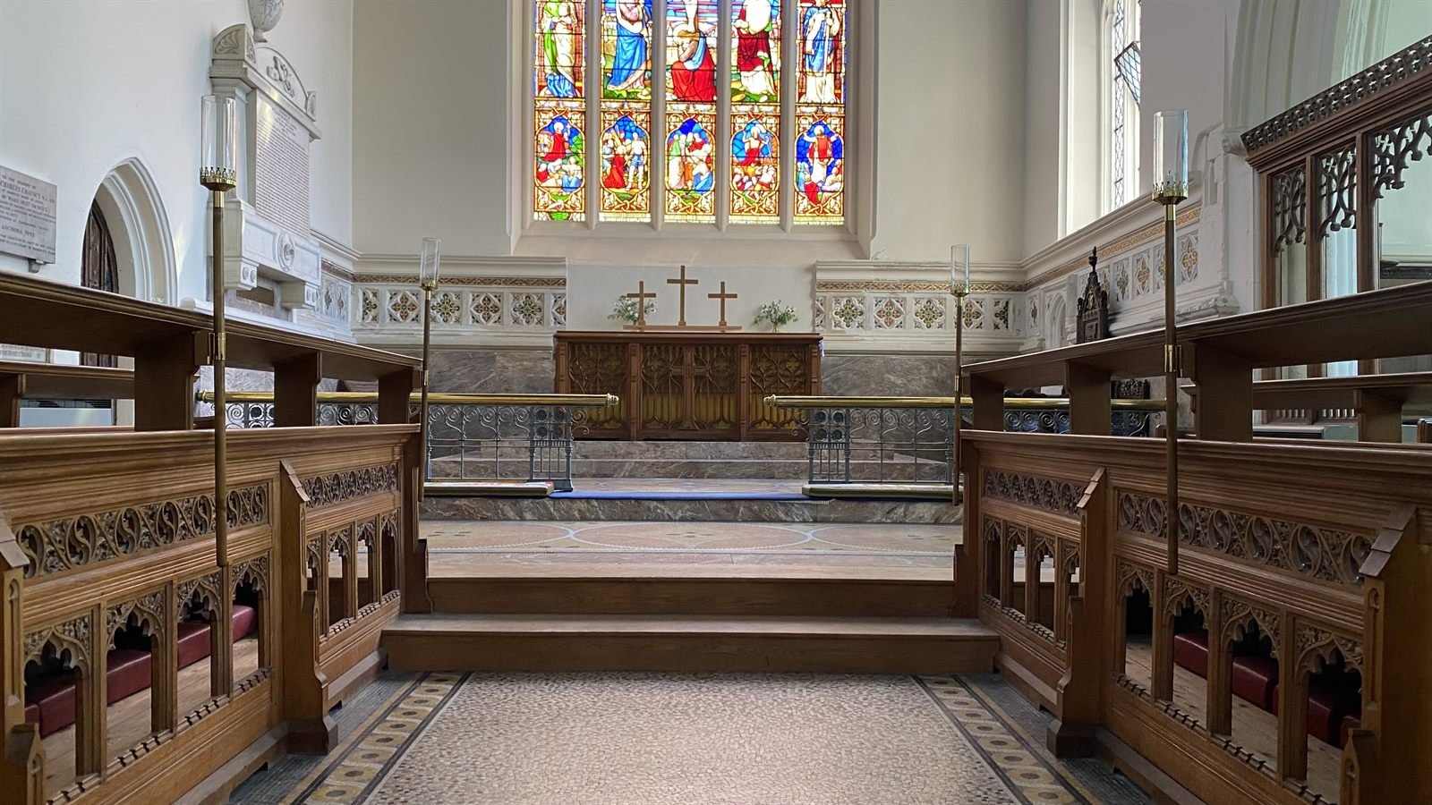 The high altar and stained glass east window of St Mary's, Ware