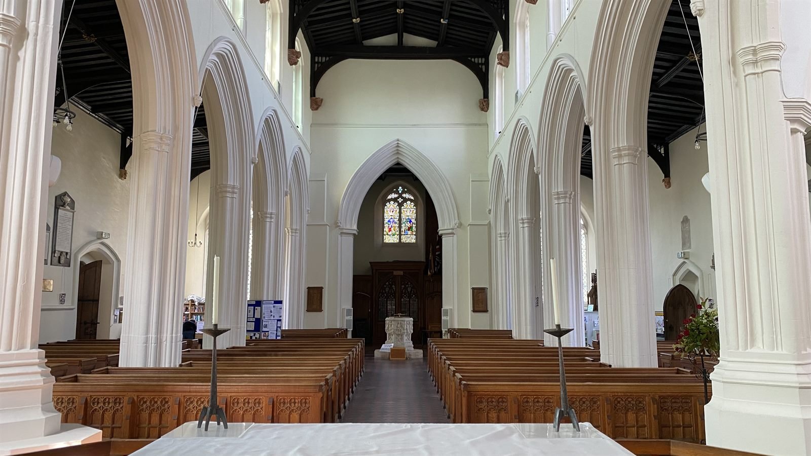 The nave of St Mary's looking east down the medieval arcade towards the chancel